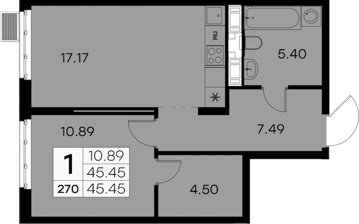 1-комнатная квартира 45.45 м², 4/7 эт., ЖК «Glorax City Балтийская»